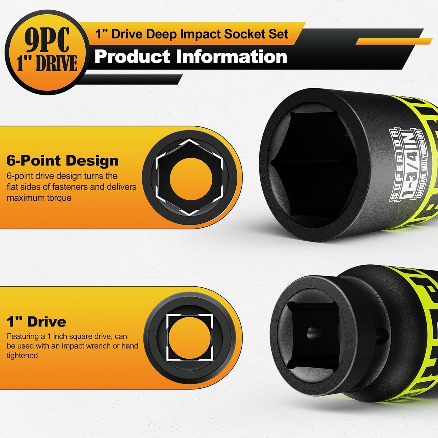9 Piece 1" Drive Deep Impact Socket Set, 1 Inch - 2 Inch, SAE, 6-Point Design, Heavy Duty CR-MO, Truck Tire Service, Mechanical Equipment Maintance