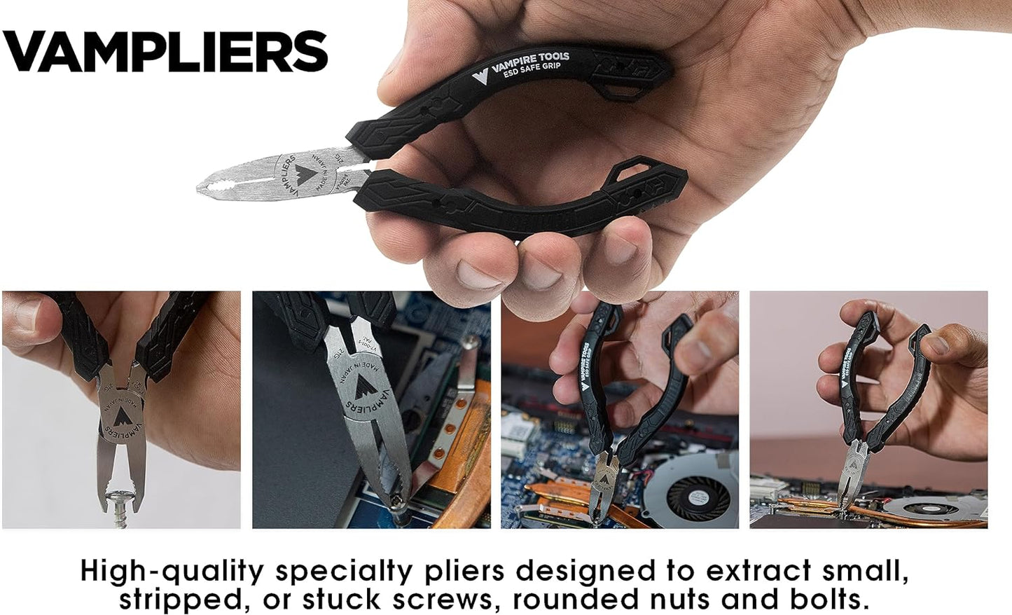 VAMPLIERS 4-PC Screw Extractor Pliers Set Made in Japan: 8" Linesman, 7.5" Long Nose, 6.25" Combination, 5" ESD Safe Mini Plier + Tool Pouch. Remove any Stripped/Damaged/Rusted Screws.