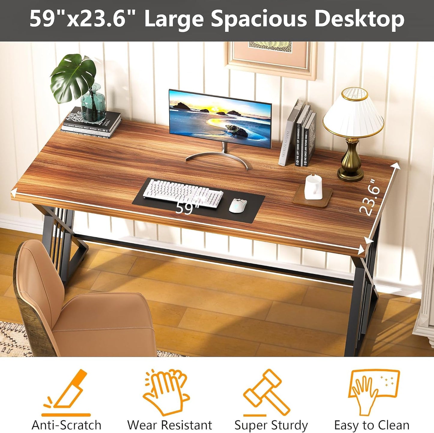 YOHKOH 59" Home Office Desk, Extra-Wide 23.6" Workspace with 1.38IN Thick Top, Heavy-Duty Z-Shaped Carbon Steel, 10-Min 2-Person Assembly, for Executive/Office/Home Study, Walnut Brown