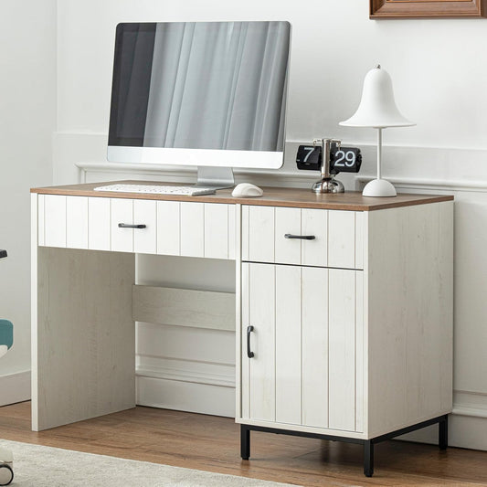 White Desk with Storage, 47 inch Farmhouse Style Desk with Drawers - 2 Drawers & File Drawer, Home Office Computer Desk with Storage Cabinet
