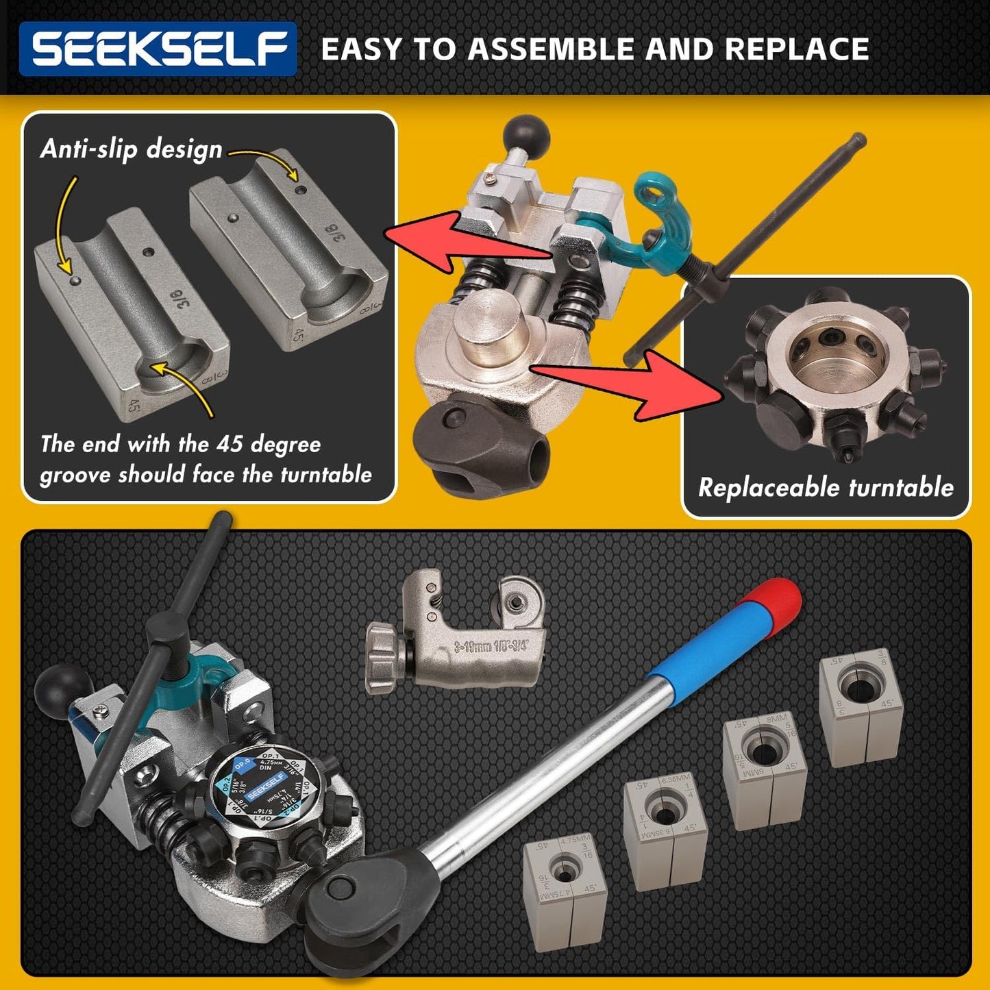 Brake Line Flaring Tool Kit for 45 Degree Single, Double and Bubble Flares, 3/16", 1/4", 5/16", 3/8" and 4.75mm Steel Copper Metal Tubing, with Tubing Cutter, Black