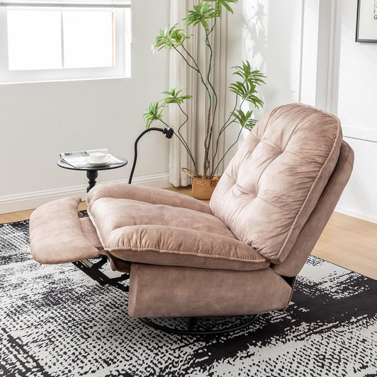 Velvet Oversized Round Chair,Chaise Lounge Indoor with Mobile Phone Holder,Swivel Rocking Chair for Adults Modern Ergonomic Lounge for Living Room (Natural & Light Brown + Velvet + Cotton)