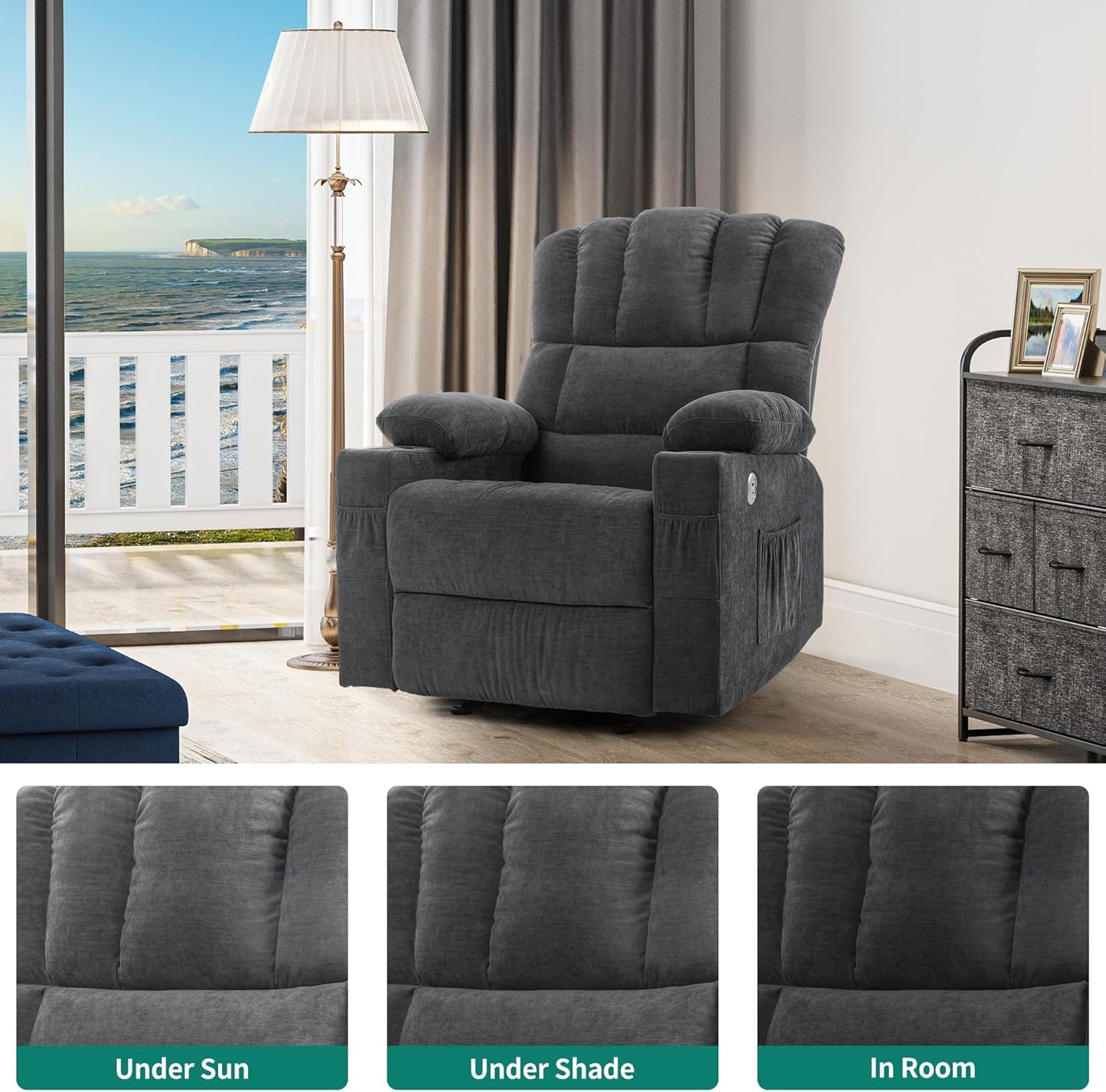 YITAHOME Glider Rocker Recliner Chair with Massage & Heat, 160° Manual Rocking Recliner Chair with USB Ports, Cup Holders & Side Pockets, Fabric Reclining for Elderly, Grey