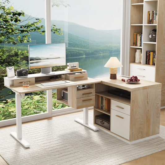 47.2'' Standing Desk with File Cabinet, Height Adjustable Electric Sit Stand Desk, Lateral File Cabinet, Computer Workstation for Home Office, Light Walnut