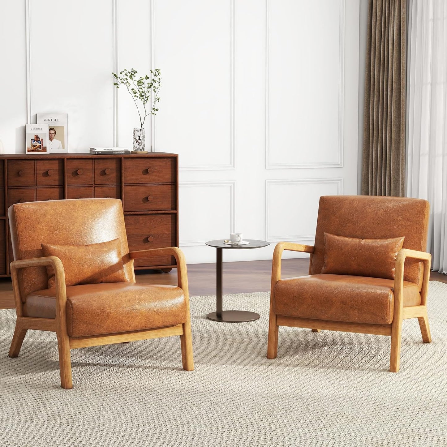 UIXE PU Leather Accent Chairs Set of 2, Upholstered Armchair for Living Room, Modern Arm Chair Comfy Single Sofa Bedroom Reading Seat with Lumbar Pillow - Hunter Green
