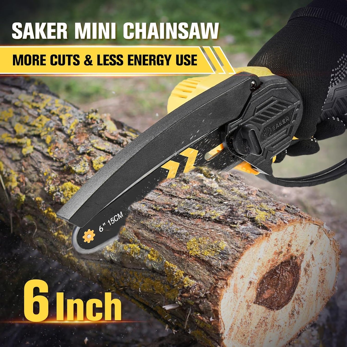 Saker Mini Chainsaw Cordless 6-Inch-Switch Security Lock-Cordless Power Chain Saws-Handheld Small Chainsaw for Cutting Wood Trimming and Woodworking- Mini Chain Saw Cordless with 2 Batteries