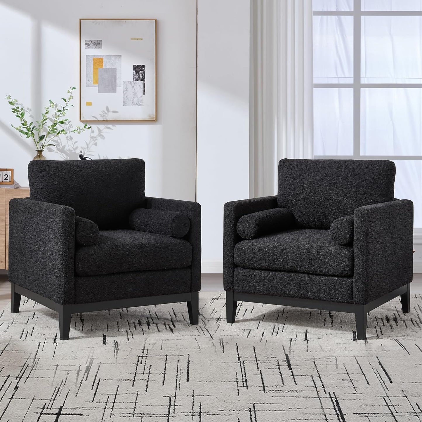 Yowan&Sillan 35.4" Wide Large Armchair Oversized Accent Chair,Modern Boucle Comfy Living Room Bedroom Reading Chairs Single Sofa,Black Wood Leg,Chairs for Lounge,Study,Office,Reception,Black