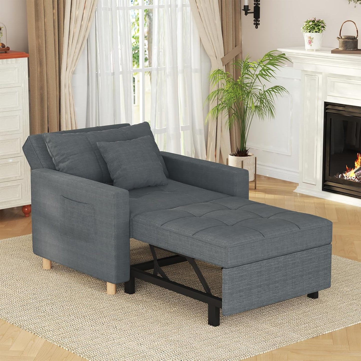 31.5" Sleeper Chair, Convertible Chair Bed for Adults, 3-in-1 Pull Out Sofa Chair with Side Pocket, Pillow and Adjustable Backrest for Small Space, RV, Apartment, Living Room, Dark Grey