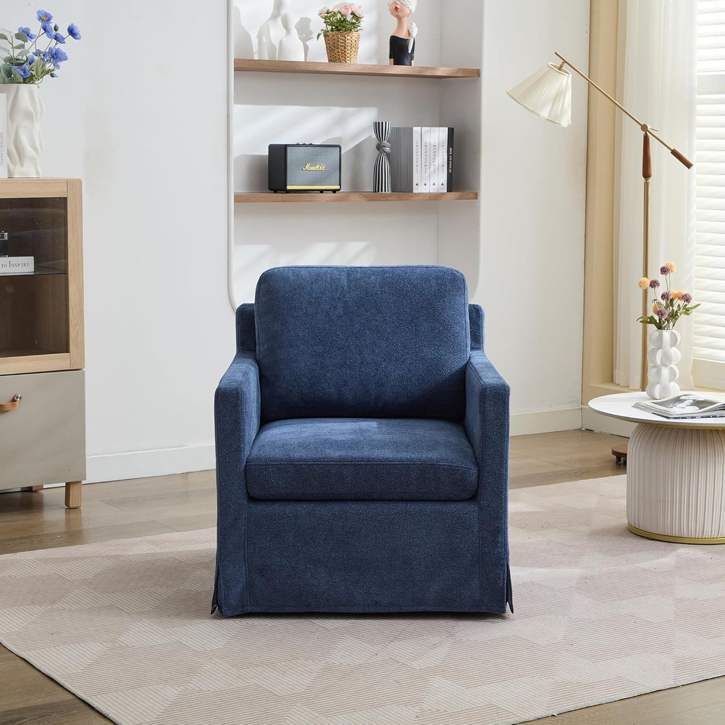 Chenille Accent Chair, Upholstered Skirted Swivel Chair with Removable Back Cushion, 360° Comfy Armchair for Living Room Navy