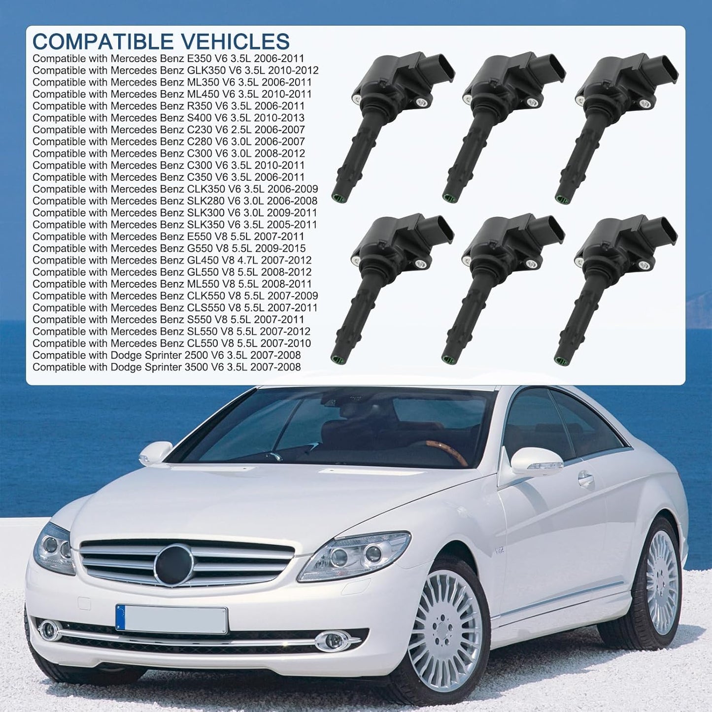 Set of 6 Ignition Coil Pack Compatible with Mercedes Benz E350 GLK350 ML350 ML450 R350 S400 C230 C280 C300 C350 CLK350 SLK280 SLK300 SLK350 V6 3.0L 3.5L Replace# UF535, UF585, C1691, 5C1748