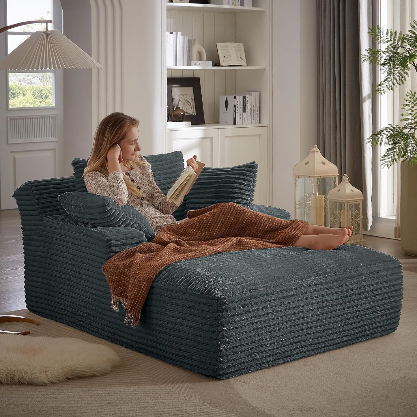 50" W Oversized Boneless Chaise Lounge Sofa Chair Indoor, Corduroy Plush Reading Cloud Couch, No Assembly Single Floor Sleeper Chair Bed for Living Room Apartment Office Small Spaces