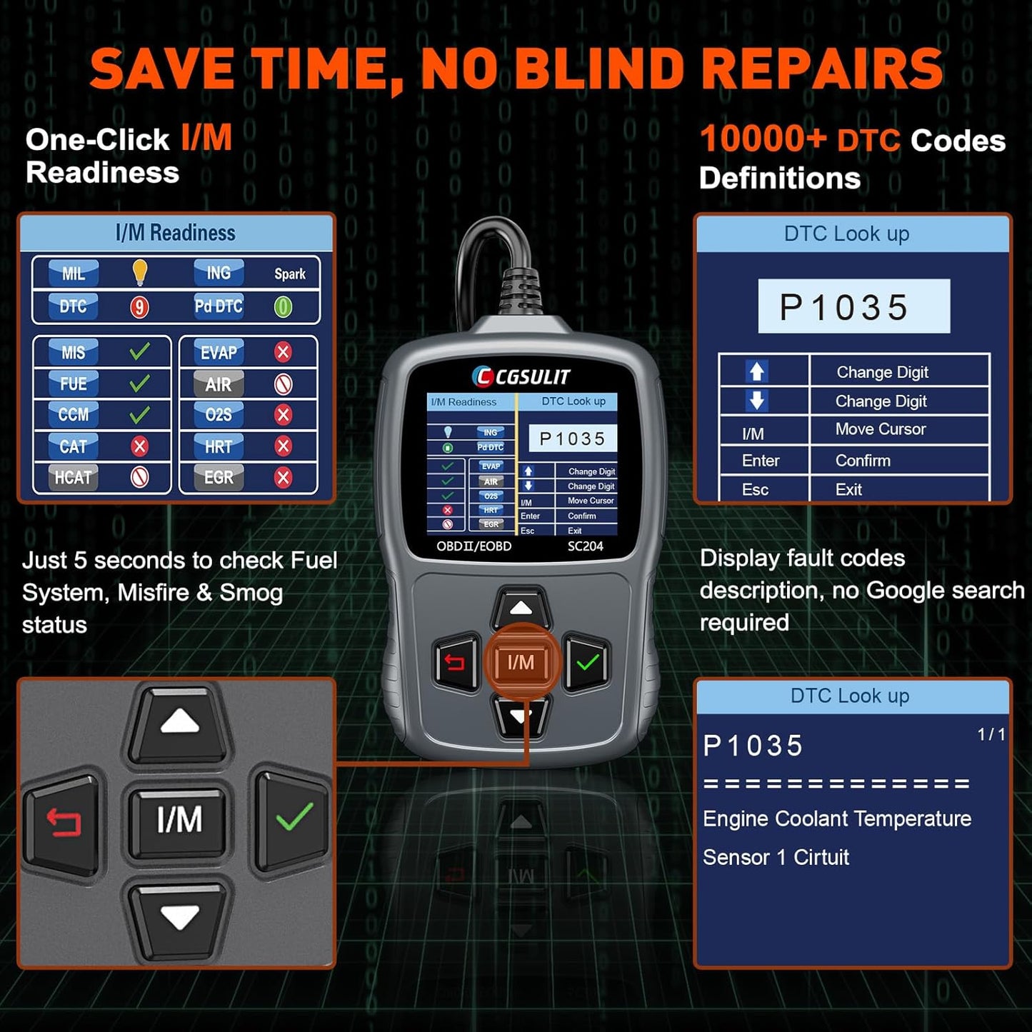 CGSULIT Scan Tool SC204 OBD2 Scanner, Check Engine Light Code Reader with Reset, One-Click I/M, Clear Error Code, DTC Lookup & More, Car Diagnostic Tool for All OBDII/EOBD Vehicles After 1996, Grey