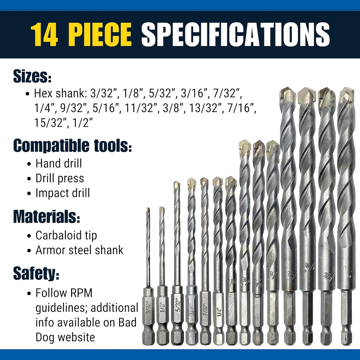 Bad Dog 14 Piece Multipurpose High Speed Drill Bit Set. Unique Carbide, Titanium, Cobalt Tip & Armor Steel Hex Shank. Made in USA. Drill Through Everything! Hardened Steel, Masonry, Wood, Tile & More