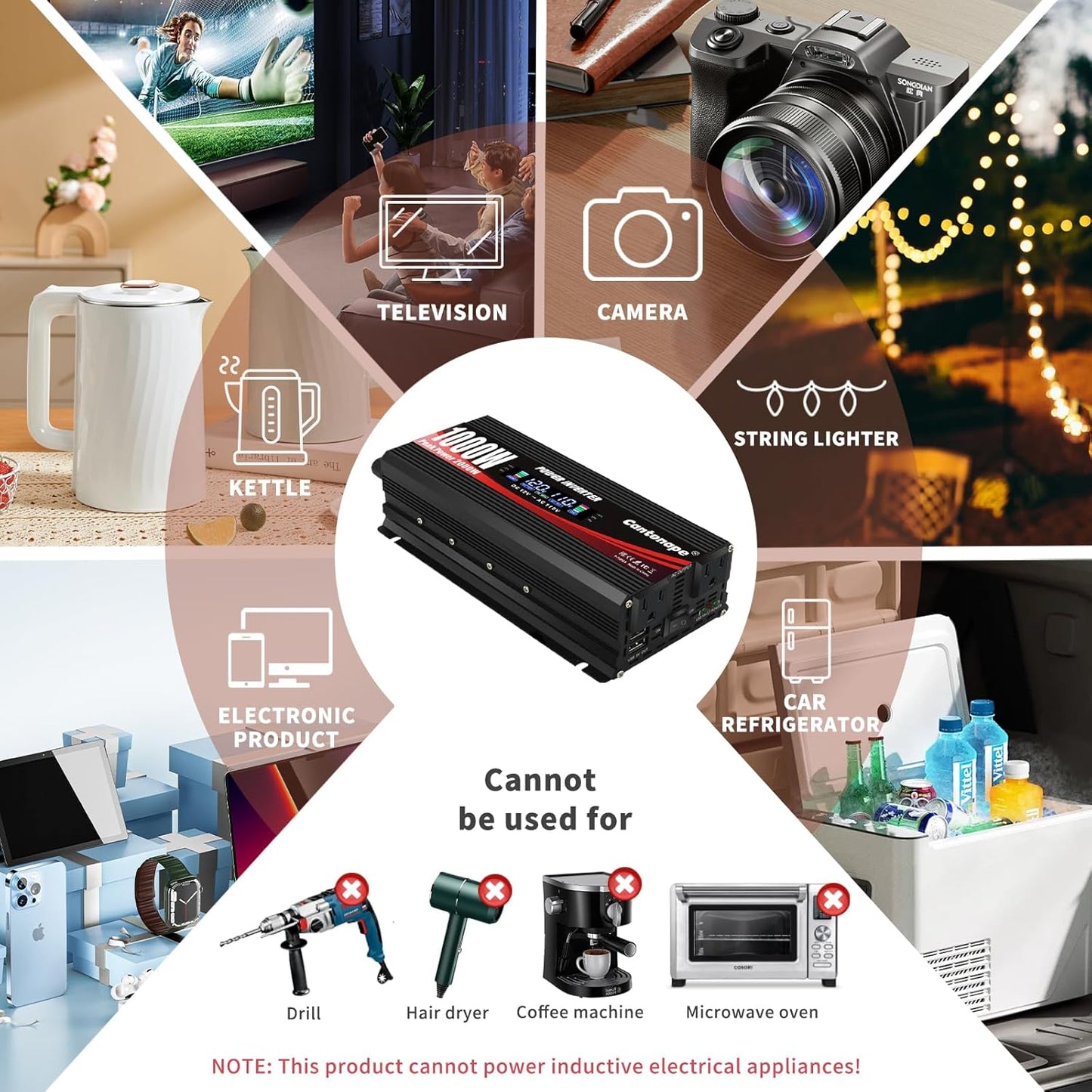 1000 Watt Car Power Inverter DC 12V to 110V/120V AC Converter with LCD Display Dual AC Outlets and Dual USB Car Charger for Car Home Laptop Truck Black