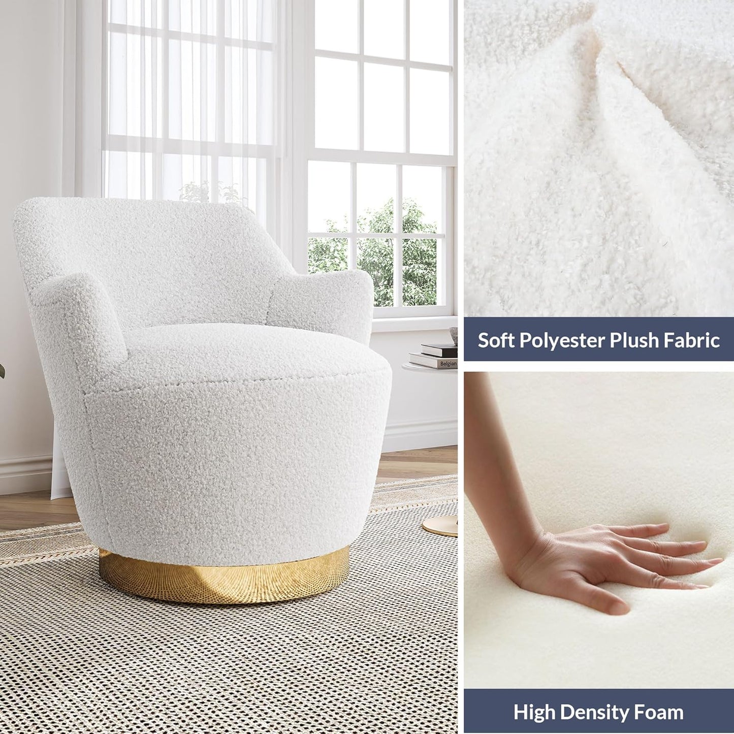 BELLEZE Swivel Barrel Chair, Modern Round Velvet Swivel Accent Chair, Curved Backrest 360° Swivel Single Sofa Armchair, Comfy Swivel Accent Chair for Living Room Bedroom [Set of 2] - Masa (White)