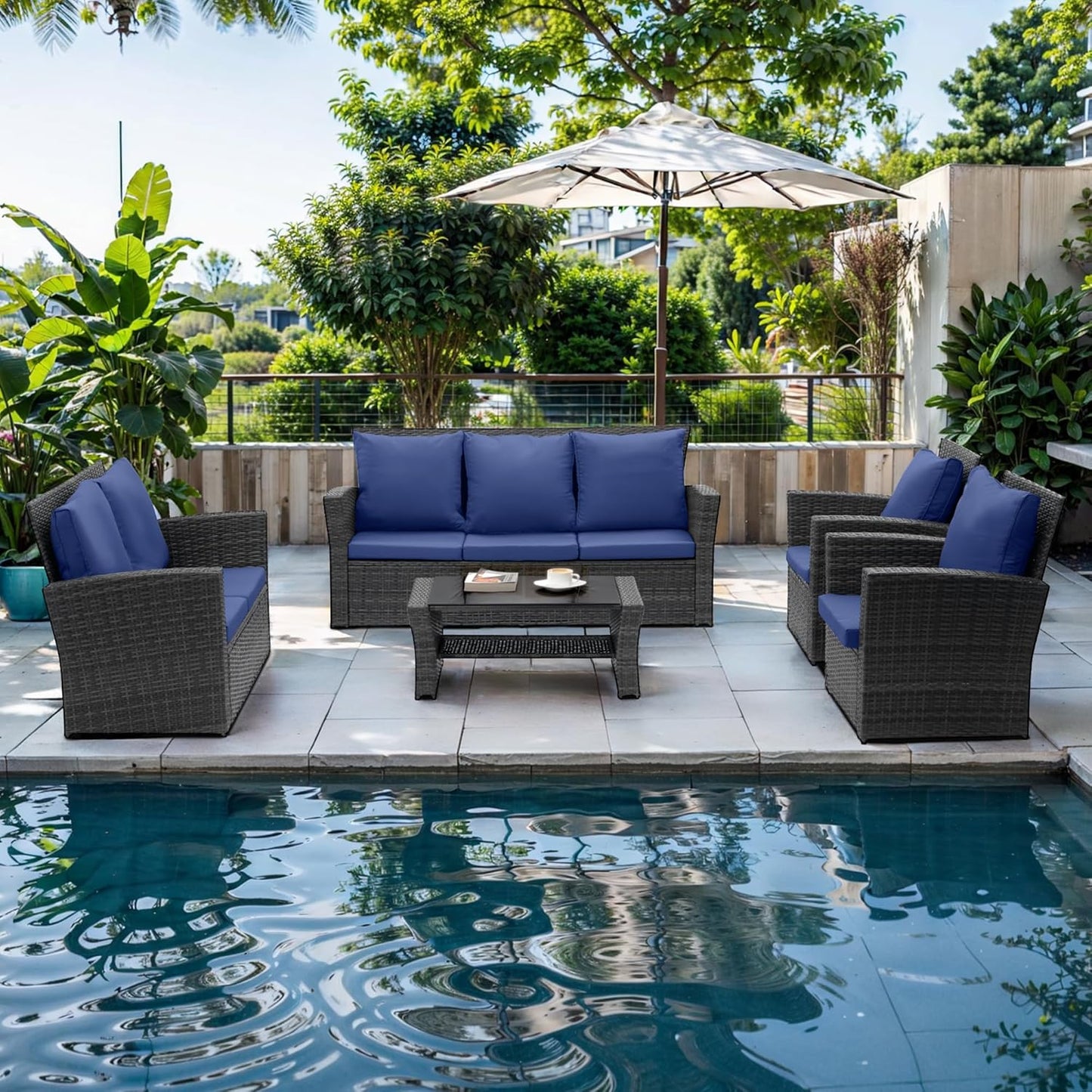 Wisteria Lane 4 Piece Patio Furniture Set, Wicker Outdoor Patio Conversation Furniture Set, All Weather Outdoor Patio Sofa with Cushion and Glass Table, Brown