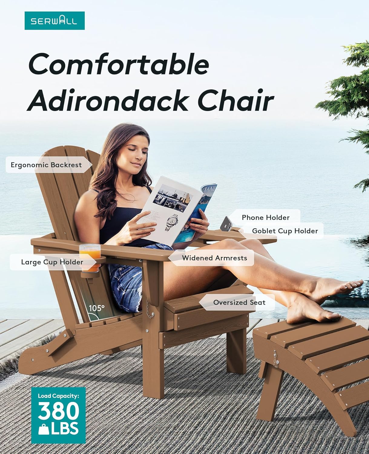 SERWALL Adirondack Chair with Cup Holders - Composite Adirondack Chairs Set of 8 HDPE Outdoor Chairs All Weather Use- Brown