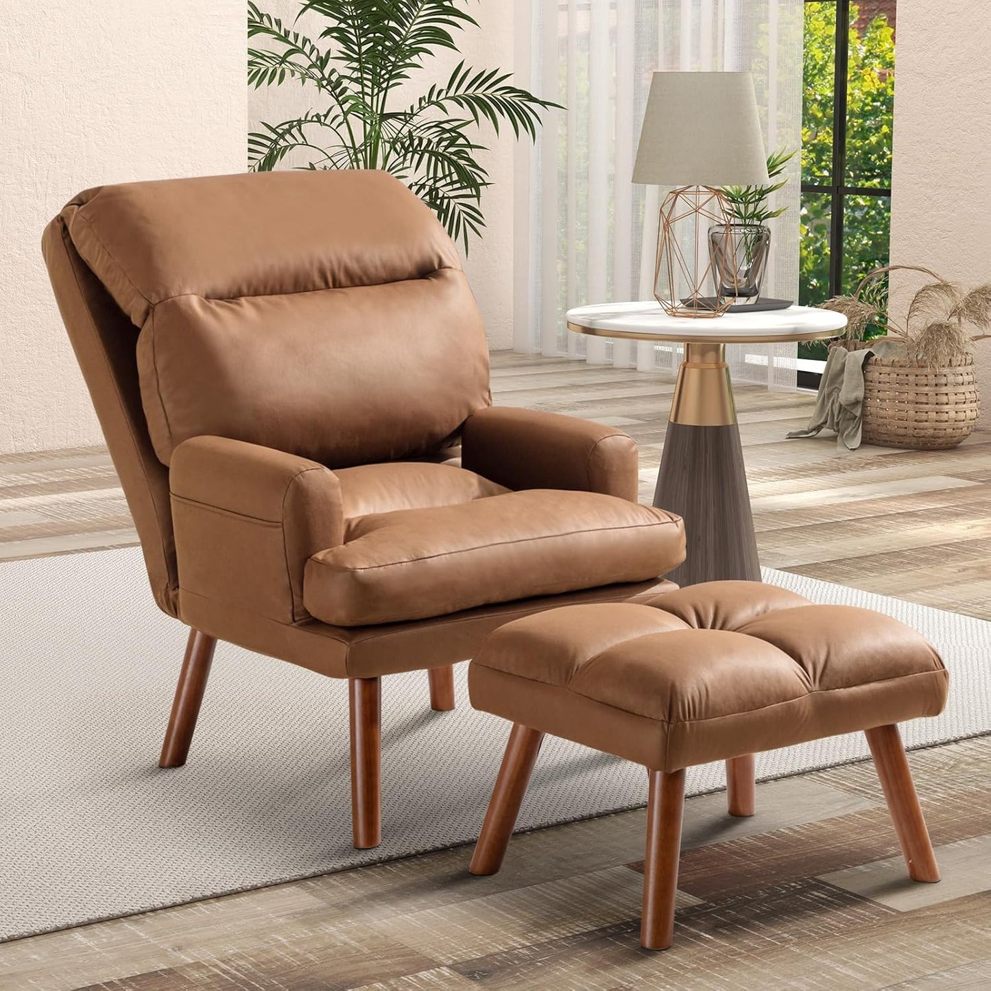 CANMOV Modern Accent Chair with Ottoman Set of 2, Soft Fabric Armchair with Adjustable Backrest and Side Pockets, Comfy Lounge Chair for Living Room, Bedroom, Apartment, Office, Camel