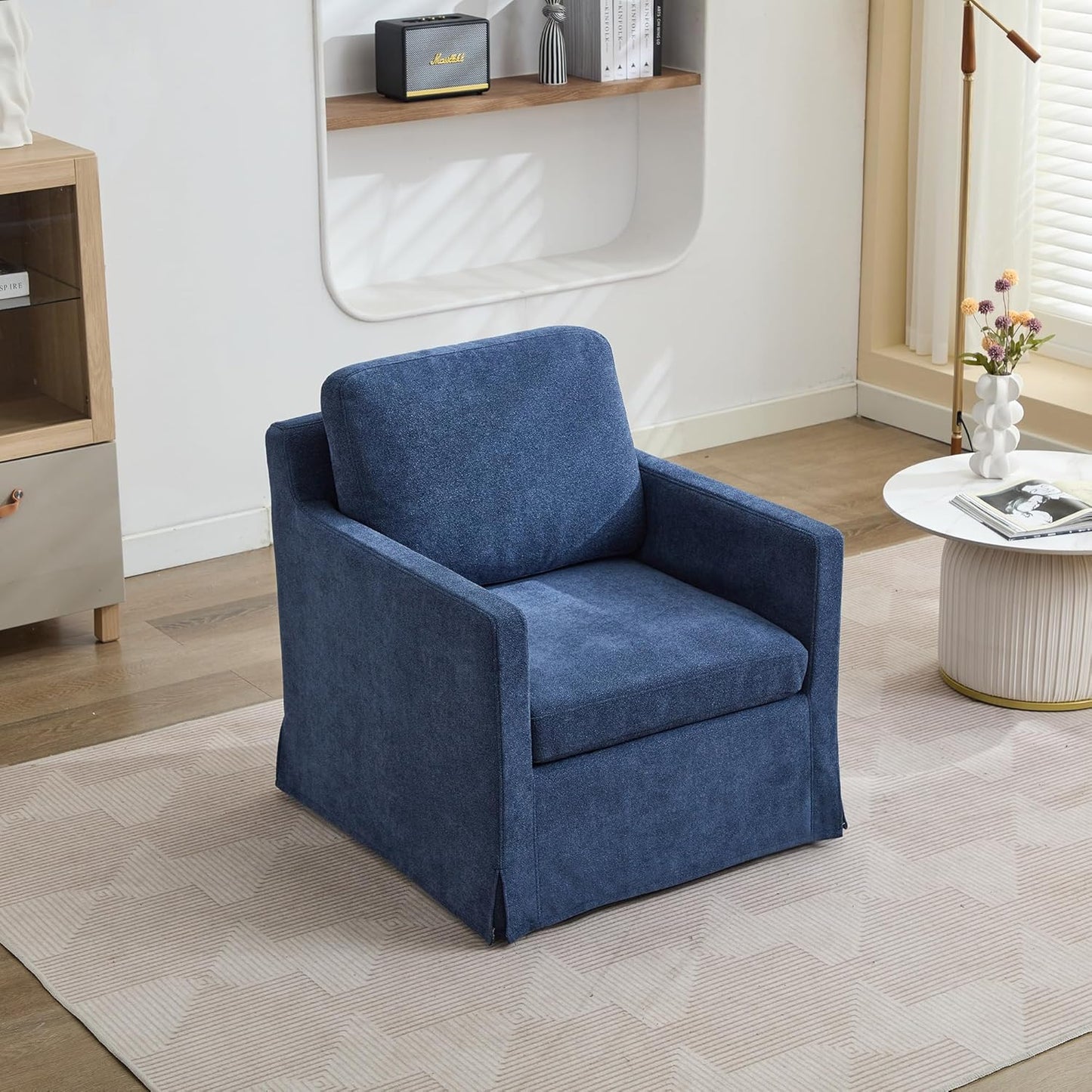 Chenille Accent Chair, Upholstered Skirted Swivel Chair with Removable Back Cushion, 360° Comfy Armchair for Living Room Navy