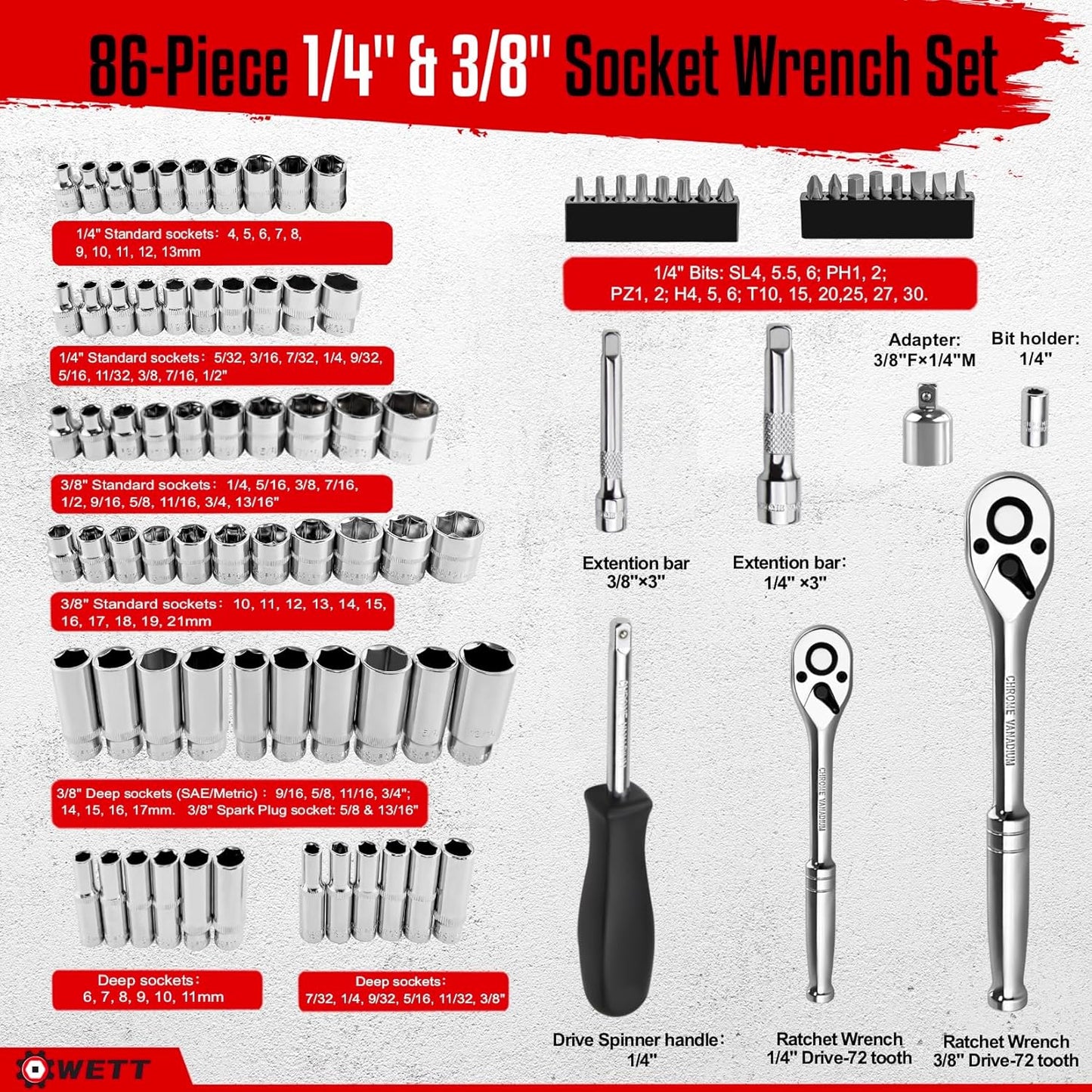 WETT 1/4" and 3/8" Drive Socket Set, 86-Piece Socket Wrench Set with Quick-Release Ratchet, Extention Bar, Adapter, 1/4" Bits, CR-V Steel, Metric/SAE, Deep/Shallow, Mirror Chrome Finish