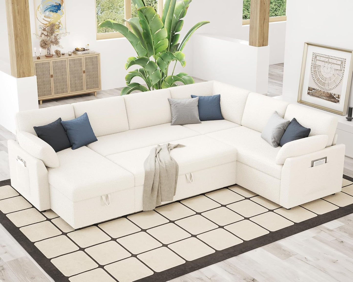 VanAcc Sofa Bed, Sleeper Sofa- 2 in 1 Pull Out Couch Bed with Storage Chaise for Living Room, White Sherpa 84in x 59in x 39in