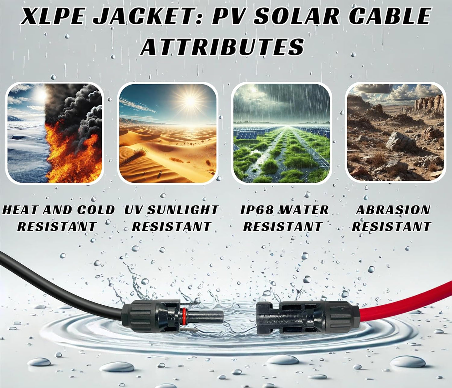 WindyNation 10 Gauge 10 AWG Pair 50 Feet Black + 50 Feet Red PV Photovoltaic Solar Panel Extension Cable Wire Solar Connectors