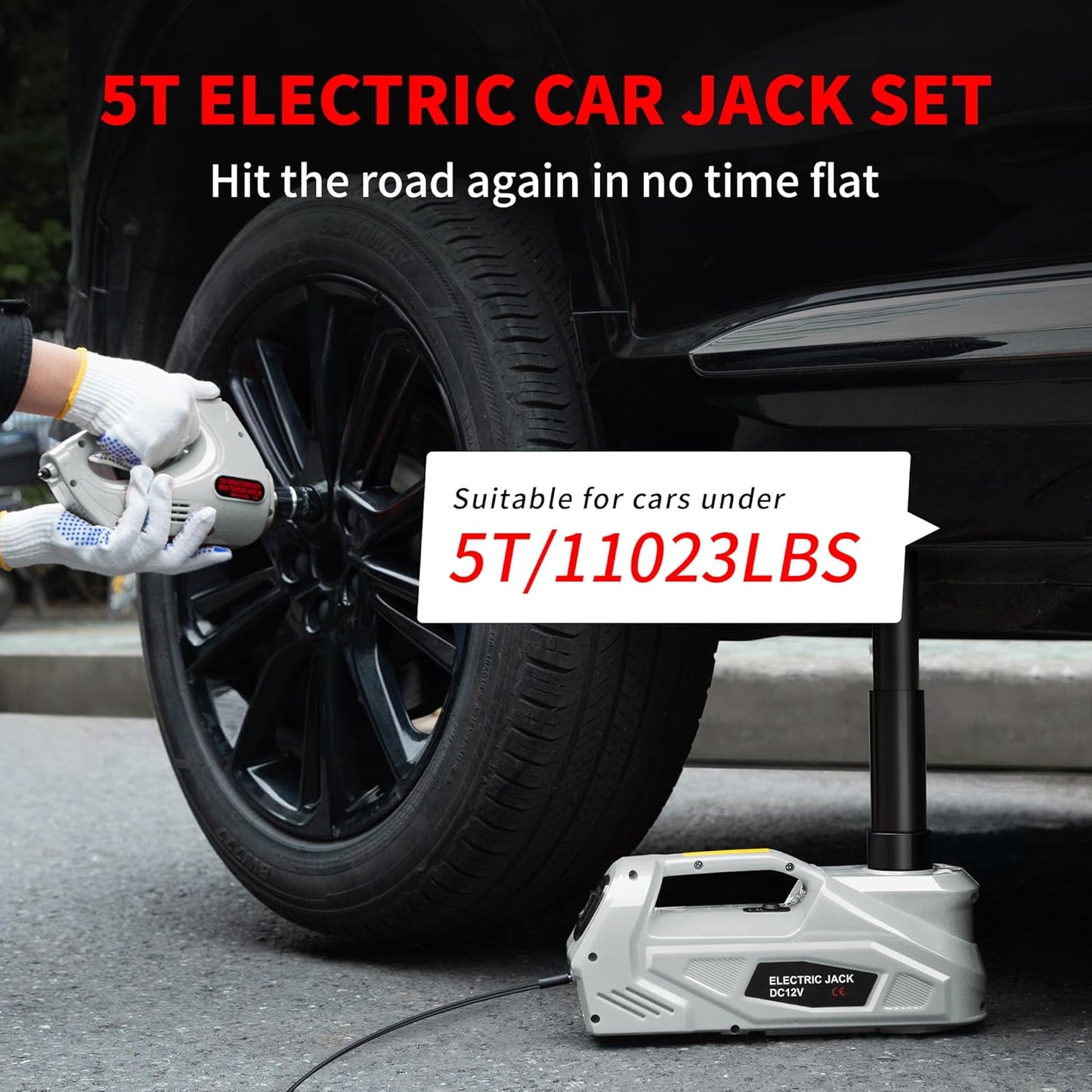 [EFN Clearance] Electric Car Jack Kit with Impact Wrench, 5 Ton/11023 LBS 12V Electric Hydraulic Jack with Lifting Range: 6.1~17.7in, Safety Hammer for Tesla SUV MPV Sedan Truck Tire Change (Gray)