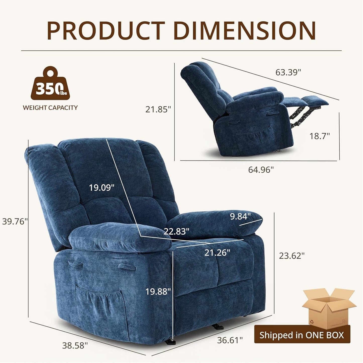 Velvet Rocker Recliner Chair for Adults, Rocker Recliner Nursing Single Sofa with Overstuffed Armrest and Backrest, Lazy Boy Recliner Chair with Side Pockets for Living Room, Medium, Blue