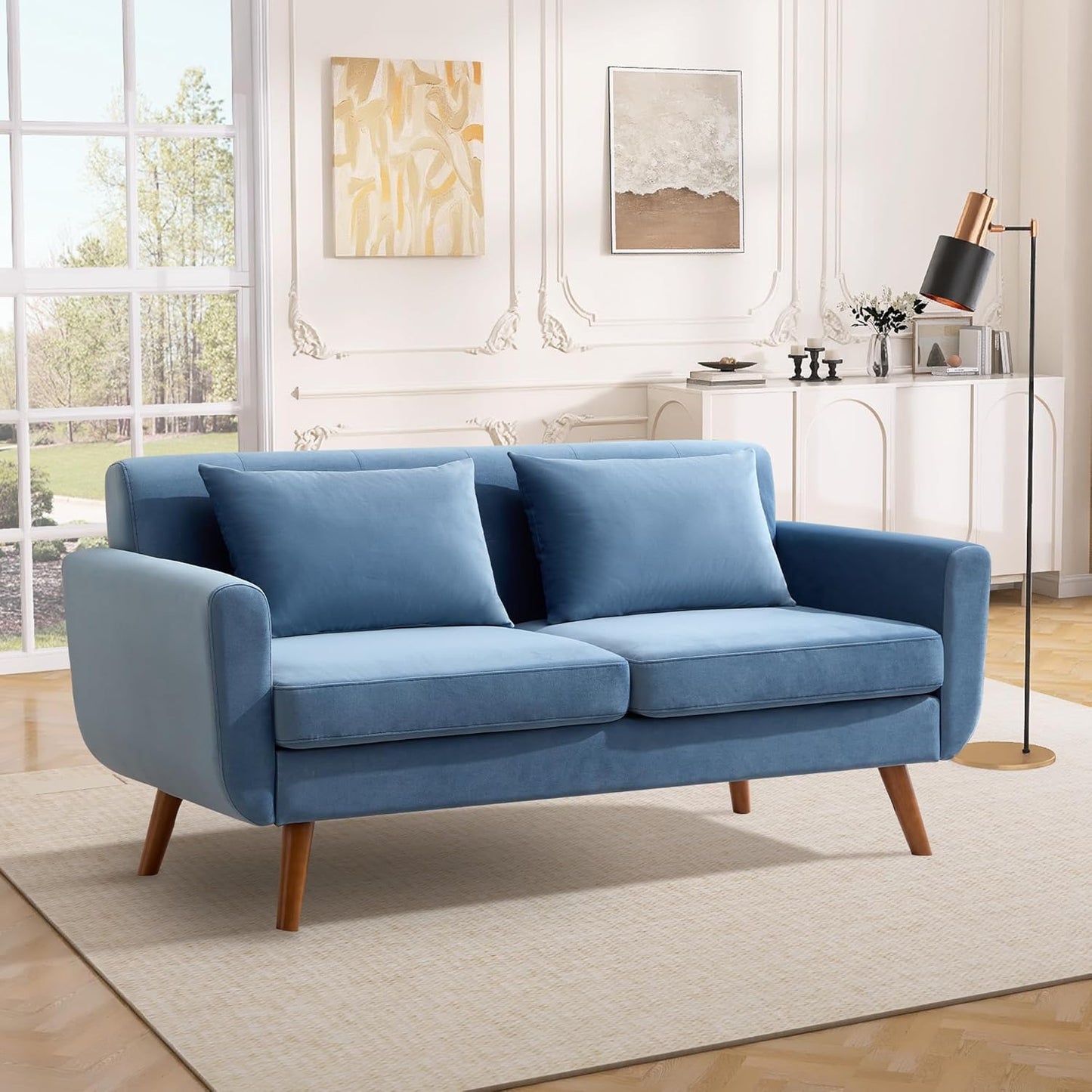 Tbfit 65" W Loveseat Sofa, Mid Century Modern Decor Love Seat Couches for Living Room, Button Tufted Upholstered Small Couch for Bedroom, Solid and Easy to Install Love Seats Furniture, Beige