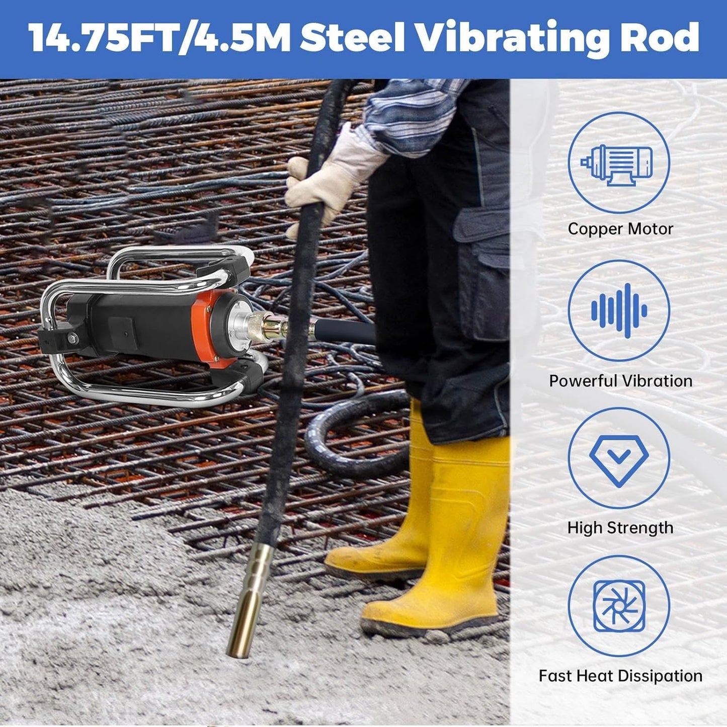16,000 VPM Electric Concrete Vibrator, Concrete Vibrating Tool Equipped With 14.75FT Steel Vibrating Rod And Stainless Steel Roll Cage, Suitable For Removing Bubbles From Construction Cement
