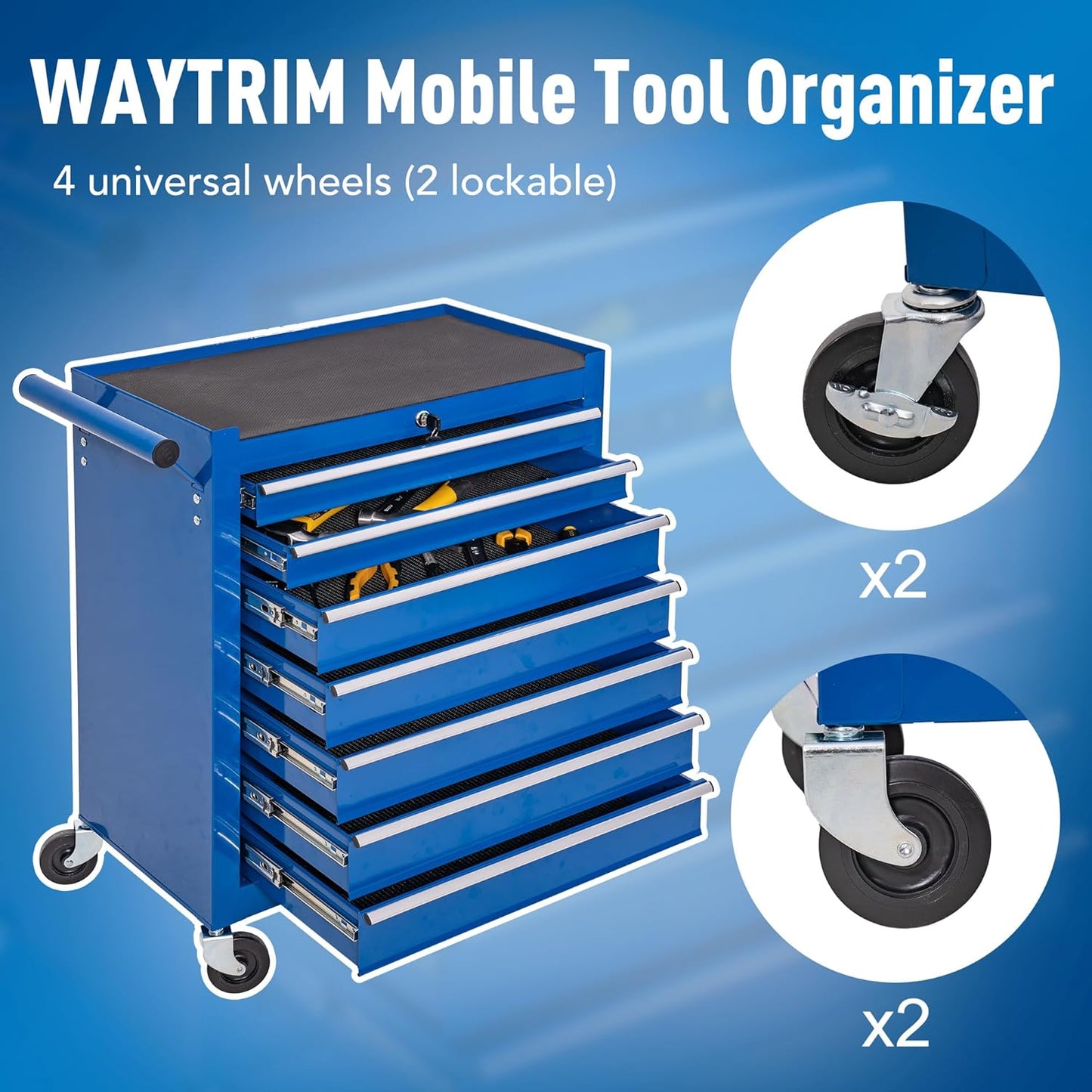 WAYTRIM 7-Drawer Metal Rolling Tool Chest with Wheels, Tool Storage Cabinet with Locking System, Toolbox with Wheels for Repair Shop, Garage, Warehouse, Workshop, 7-Drawer, Blue