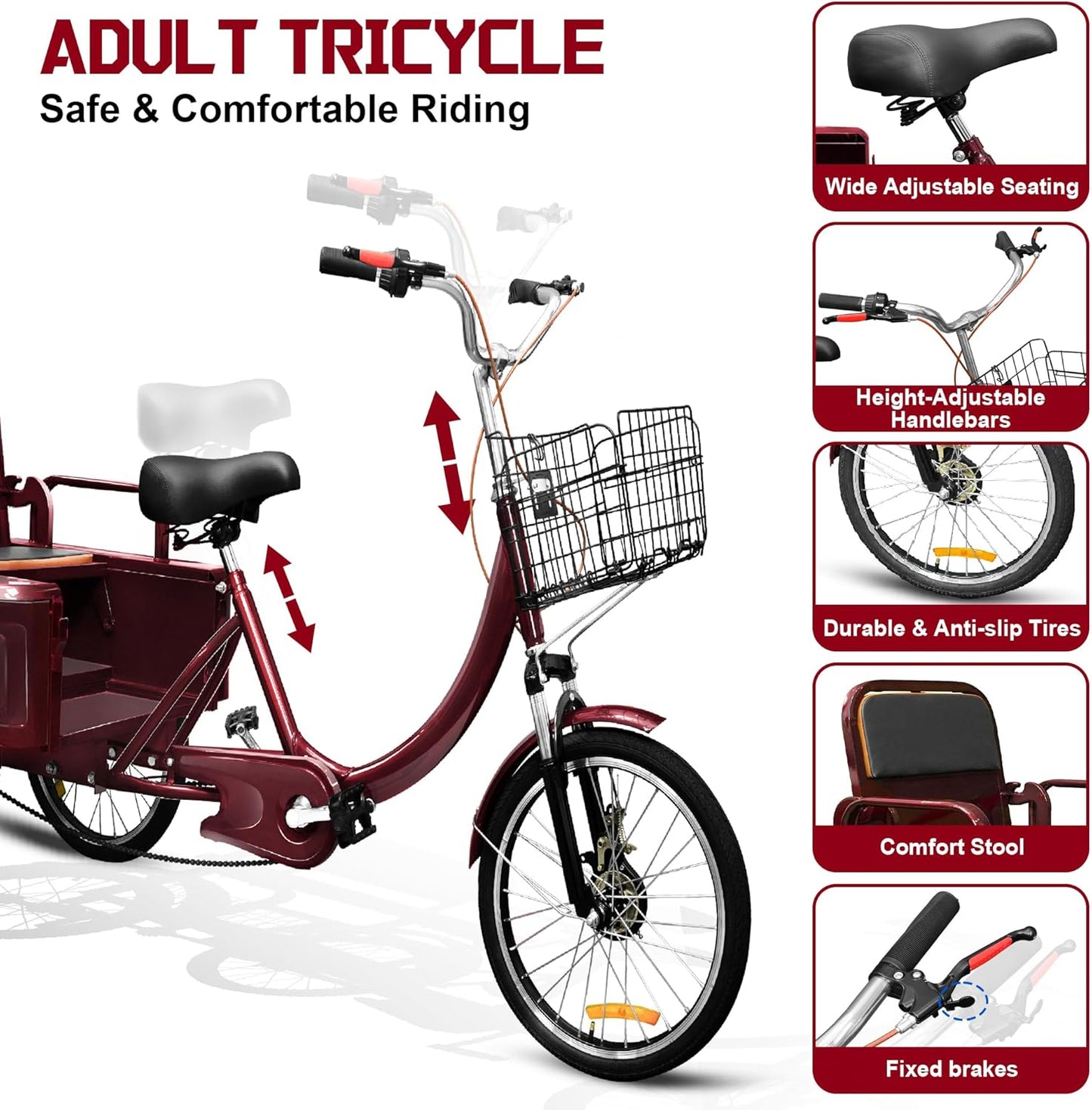 Adult Tricycle, 20 Inch 3-Wheel Bikes Carrying Passengers and Cargo, Trike for Adults with Front Baskets for Women, Seniors, Men, Low Step-Through Cruiser Bike for Cycling, Outing, Picnic