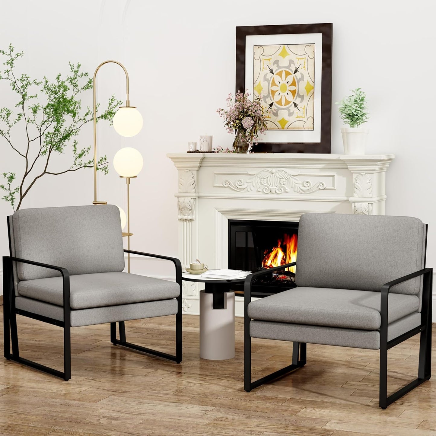 Andeworld Modern Accent Chair Set of 2, Mid Century Living Room Armchair,Upholstered Linen Sofa Side Chair with Metal Legs for Reading,Lounging,Bedroom Apartment, Light Grey 2