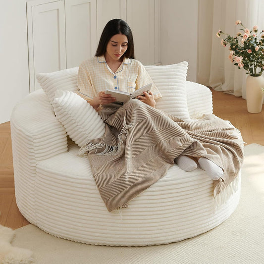 55" L Corduroy Sponge Single Sofa, Oversized Round Chair, Fluffy Modern Sleeper Chairs for Living Room, Lounge and Projection Room, Wide Armrest Lounge Chairs, Armchair with Pillow White