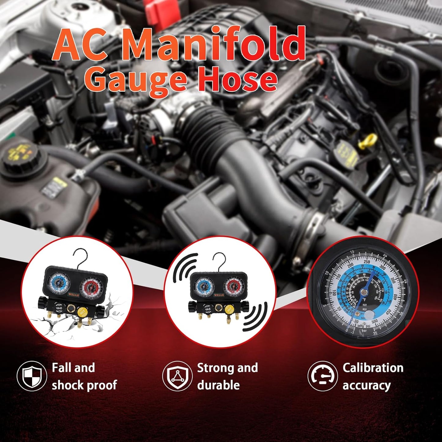 Wells AC Gauge Set HVAC Tools R410a R134a R32 R22 Refrigerant for Home 4 Way AC Diagnostic Manifold Gauge Set with 5ft Hoses, Couplers Puncture, Can Tap, Works on Car Freon Charging and Evacuation