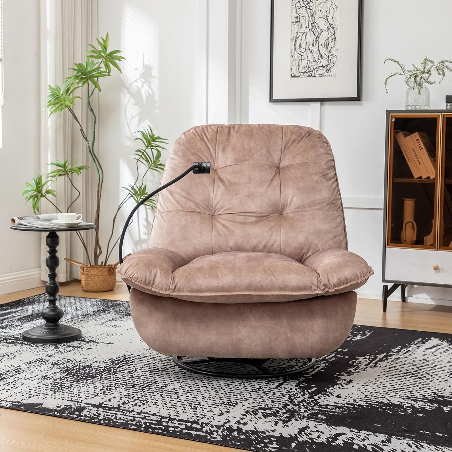 Velvet Oversized Round Chair,Chaise Lounge Indoor with Mobile Phone Holder,Swivel Rocking Chair for Adults Modern Ergonomic Lounge for Living Room (Natural & Light Brown + Velvet + Cotton)