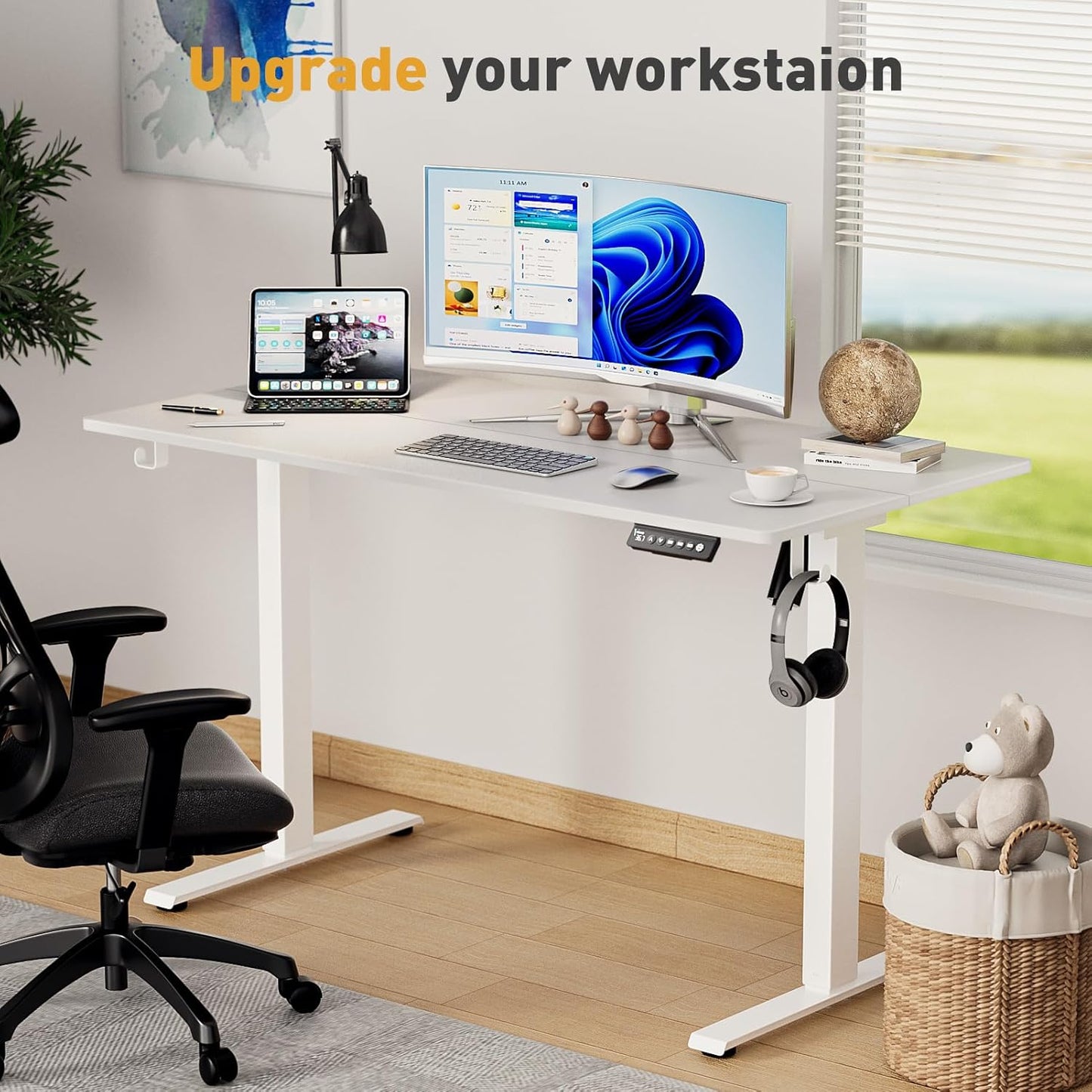 63 x 28 Inch Electric Standing Desk Adjustable Height,Sit Stand Up Desk with Wheels,Home Office,Rising Desk,Computer Workstation, Gaming Work (Spliced Desktop,White)