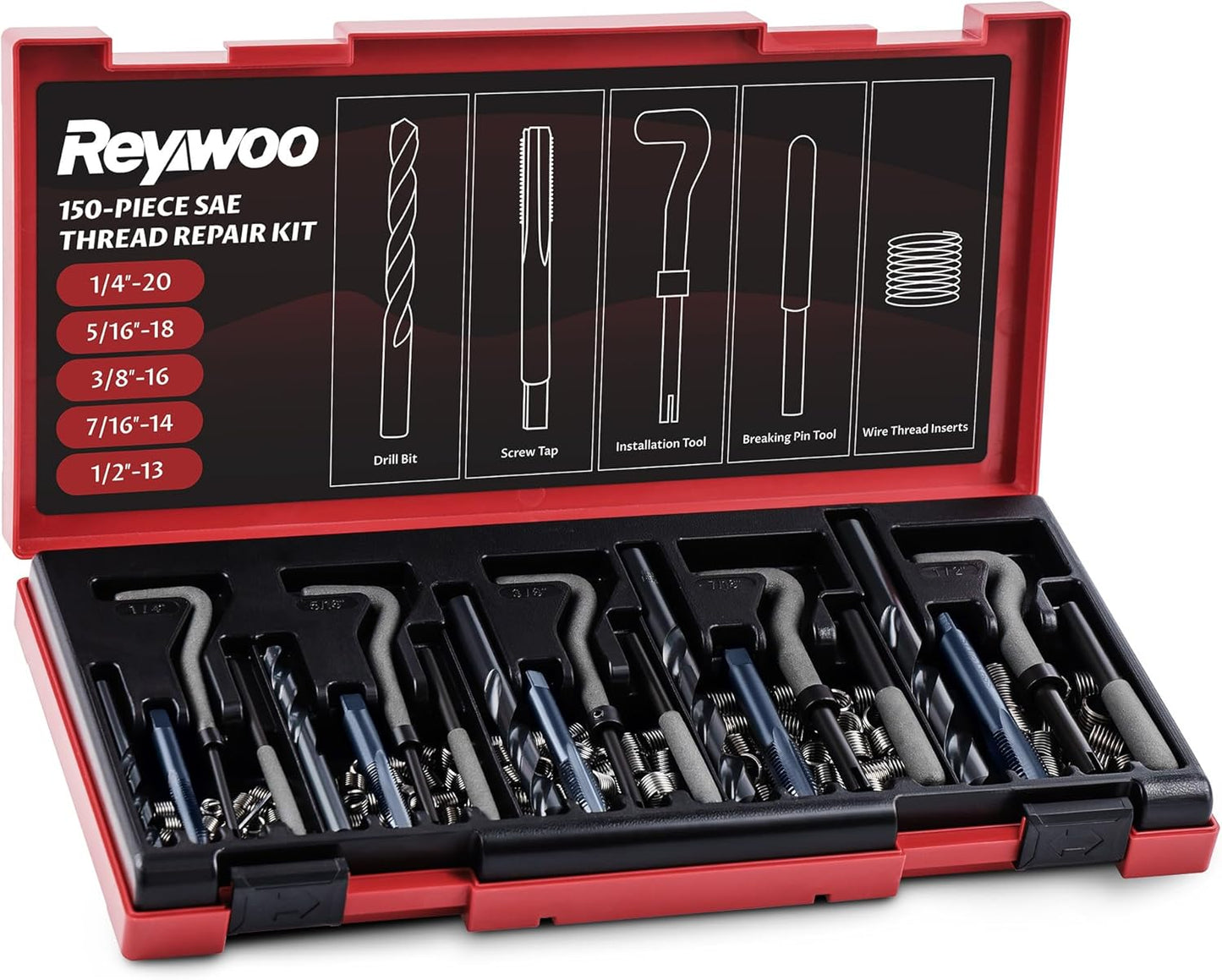 315 PC Helicoil Thread Repair Kit, Metric & SAE Helicoil Kit with HSS Drill Bits Inserts Taps Break Off Tools, Rethreading Tools in M5 M6 M8 M10 M12 & 1/4" 5/16" 3/8" 7/16" 1/2" Sizes