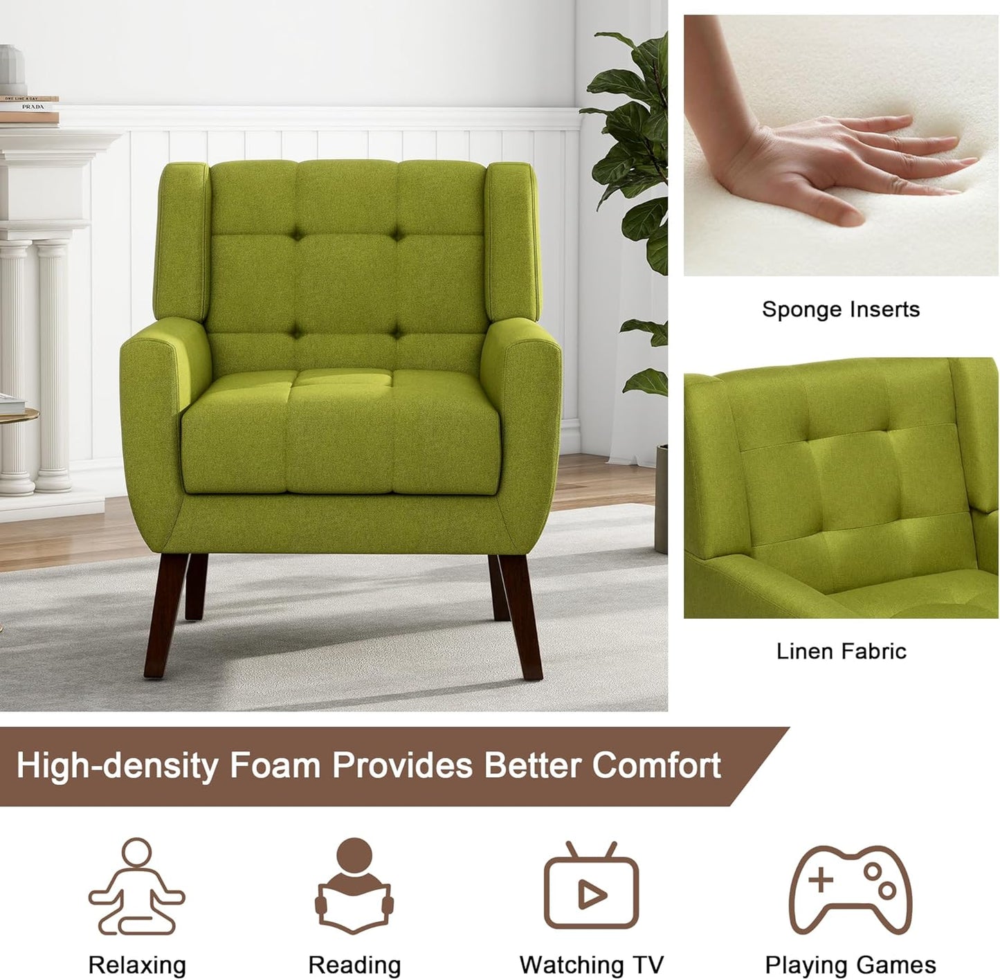 UIXE Accent Chairs Set of 2, Modern Upholstered Arm Chair in Fabric for Living Room, Comfy Armchair Single Sofa Seat with Solid Wooden Legs (Green)
