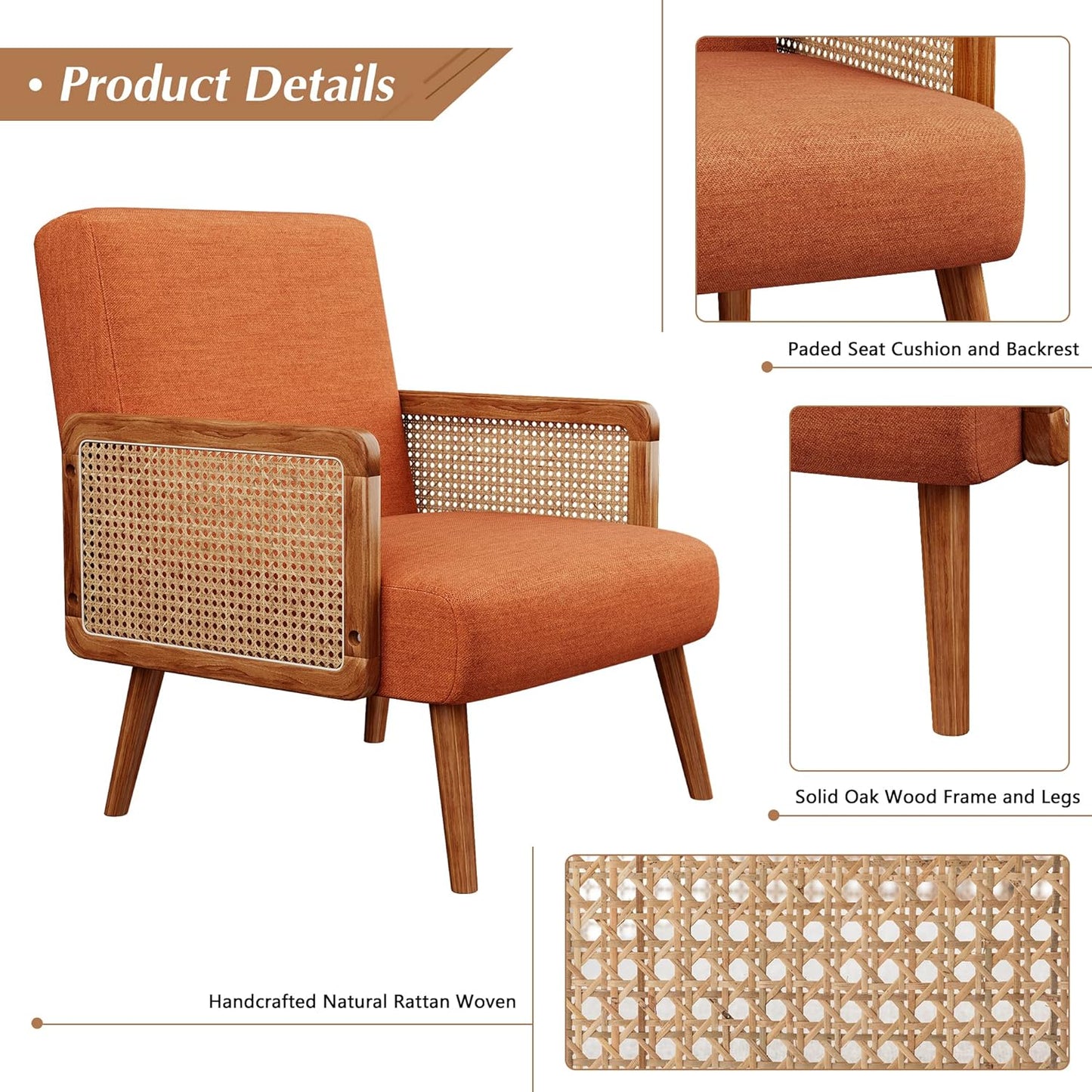 Yongqiang Orange Accent Chairs Set of 2, Natural Rattan Upholstered Arm Chairs for Bedroom Living Room Side Chairs Linen Comfy Reading Chair
