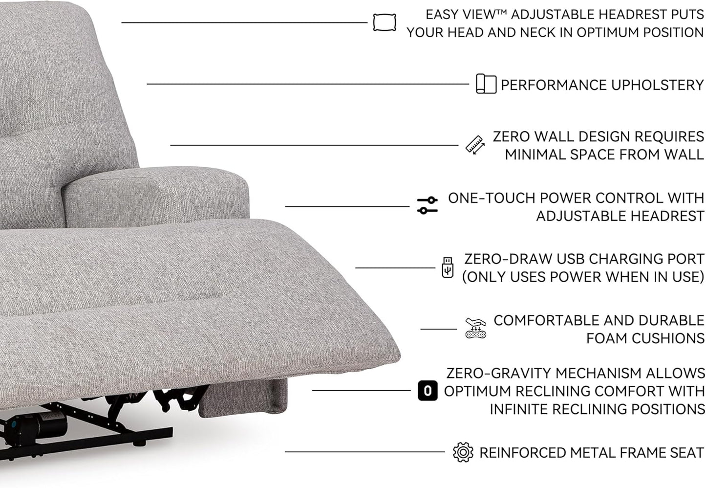 Signature Design by Ashley Acklen Place Contemporary Indoor Zero-Gravity Stain Resistant Oversized Upholstered Power Recliner with Adjustable Headrest and USB Port, Light Gray