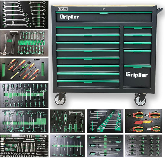 14-Drawers Rolling Tool Chest with Wood Workbench,Brake Casters,Lock & Key,Heavy-Duty Steel Tool Cabinet Storage, for Home,Garbge or Workshop Use (14 Drawer + 348 Pieces Tools)