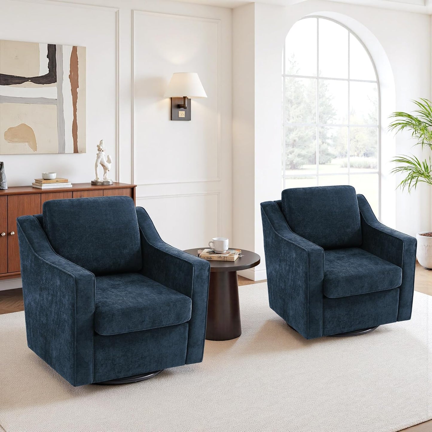 UIXE Swivel Accent Chair Set of 2, Chenille Upholstered Arm Chair for Living Room, Modern Club Armchair Comfy Single Sofa Bedroom Reading Seat with Lumbar Pillow - Coffee