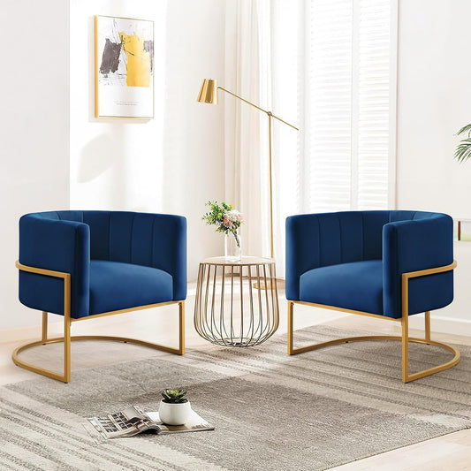 Velvet Accent Chairs, Mid Century Modern Upholstered Round Barrel Chair Metal Gold Stand Comfy Velvet Channel Tufting Armchair for Living Room, Bedroom, Office Easy Assemble (Navy Blue, Set of 2)