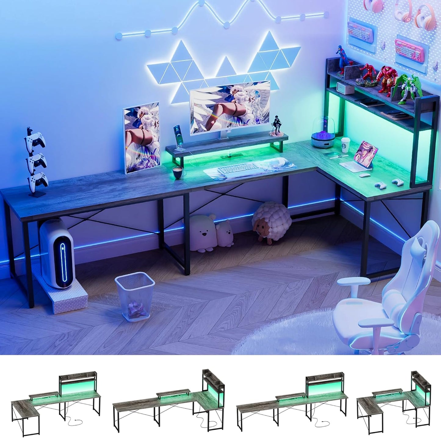 Unikito Large U Shaped Computer Desk with Hutch, Customizable Reversible L Shaped Office Desks with Power Outlets & LED Lights, Corner Gaming Table with Monitor Stand, 122” 2 Person Long Desk, Black