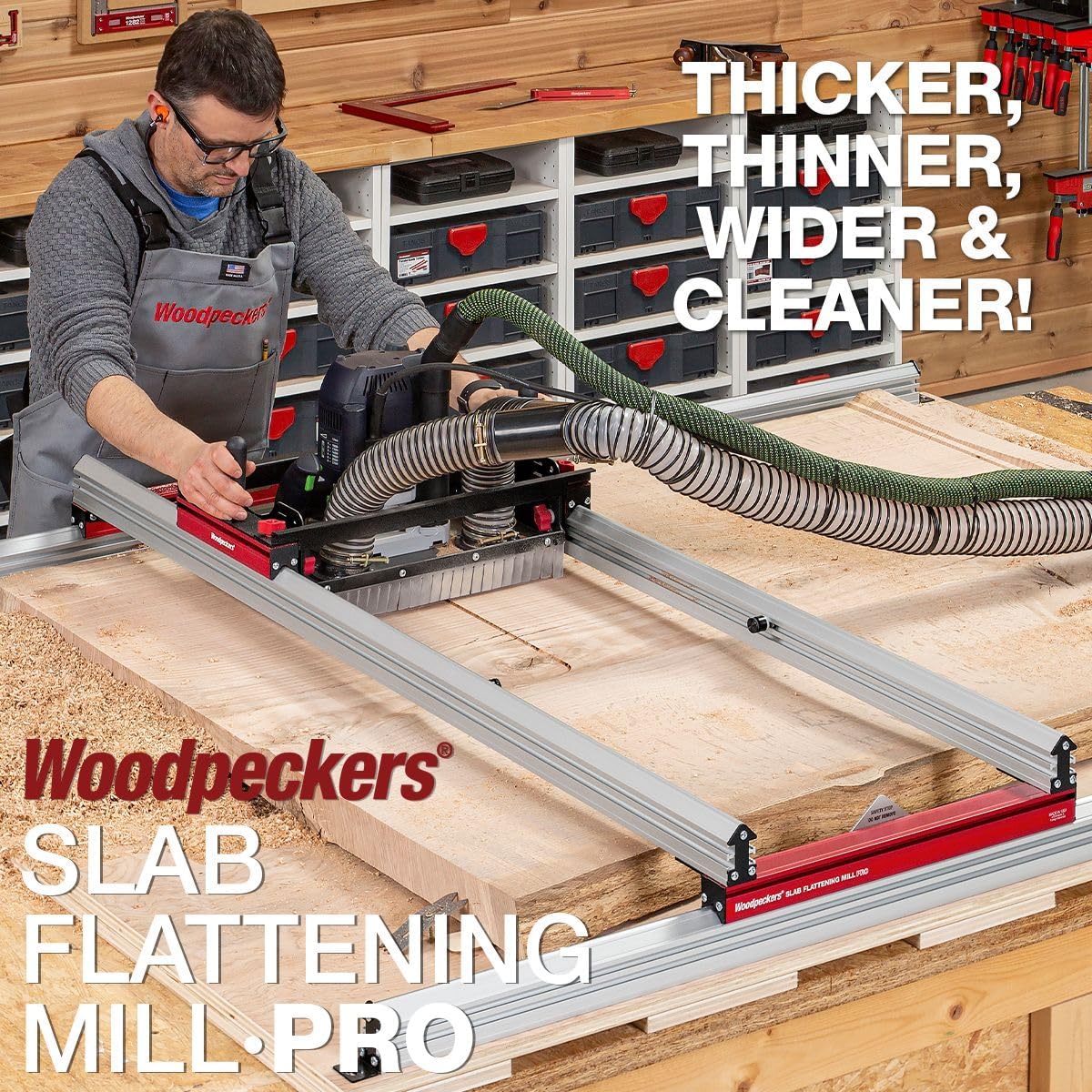 Woodpeckers Slab Flattening Mill Pro, Extended, 48"x134" Capacity, USA Made Wood Slab Leveling Jig, Integrated Dust Collection, Router Sled, Rails, Clamping Dogs