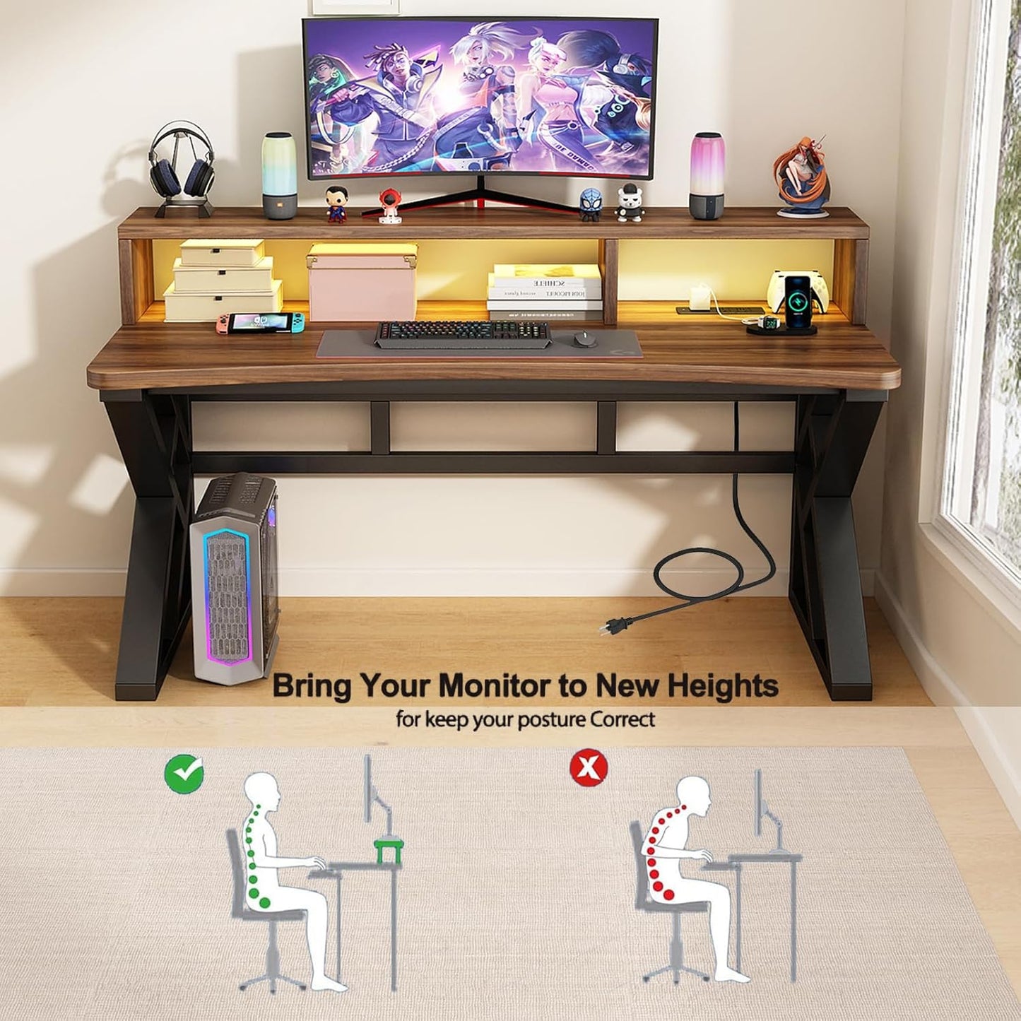 Writing Computer Desk 39.3 Inch, Gaming Desk with Desktop Monitor Stand, Ergonomic Home Office Desk Workstation, Modern Writing Study Desk with Built-in Power Strip (Walnut, 39.3")
