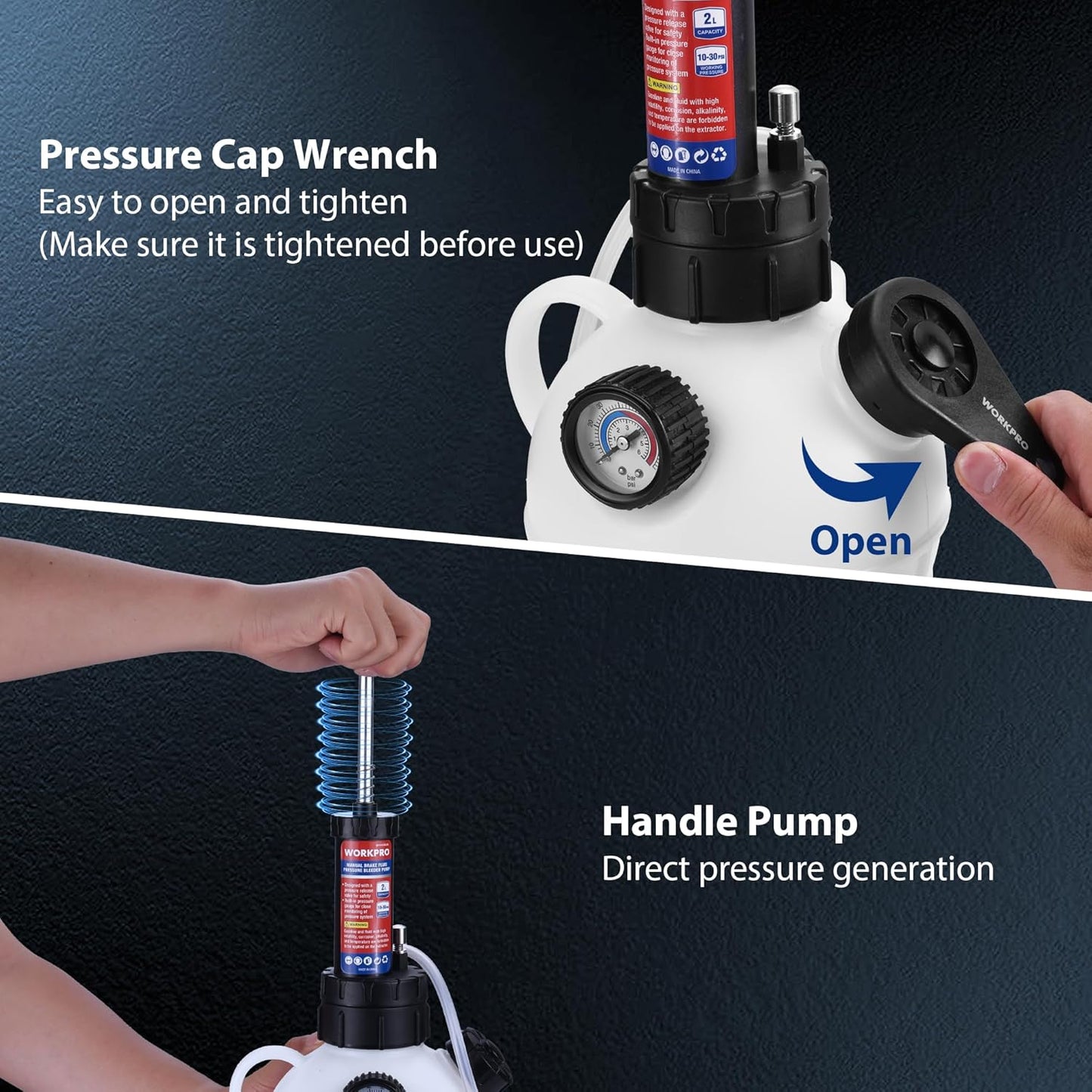 WORKPRO 2L Manual Brake Bleeder Kit, One Person Brake Fluid Vacuum Pump with 1L Brake Bleeder Bottle, 3 Master Cylinder Adapters & Funnel, Professional Brake Bleeding Tool for Most Vehicles