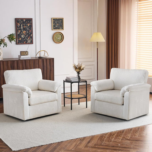 Accent Chair Set of 2, White Corduroy | Compact 360° Swivel for Small Spaces, Plush Deep-Cushioned Reading Chair