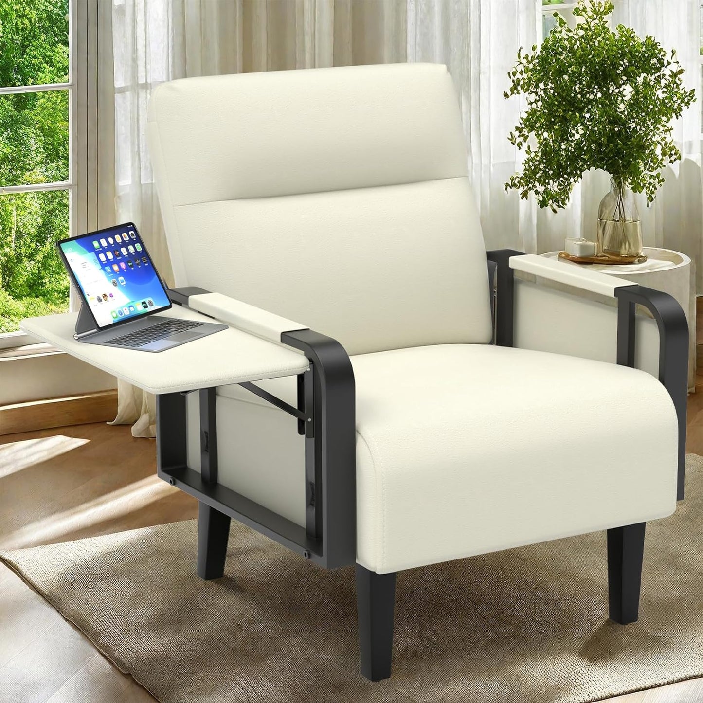 Upholstered Accent Chairs Set of 2, Faux Leather Armchair with Tray Table, Comfy Reading Chair for Living Room, Bedroom, Guest Room, Gray